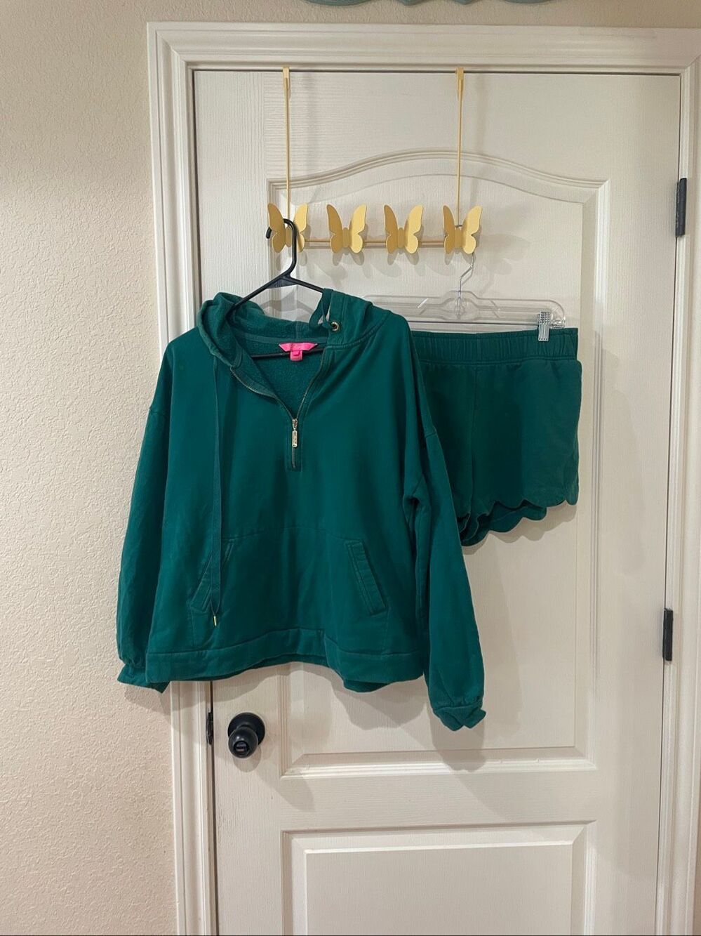 Lilly Pulitzer Suri Quarter Zip Hoodie paired with matching scalloped lounge sho